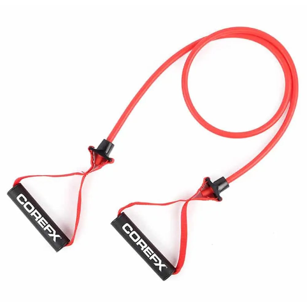 The CoreFX Power Tube – Medium resistance features a red handle and offers moderate resistance for general strength training, muscle toning, and conditioning exercises. This level is a popular choice for home fitness, clinical rehab programs, and commercial training environments.