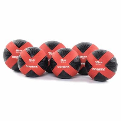 Multiple CoreFX medicine balls displayed together by weight