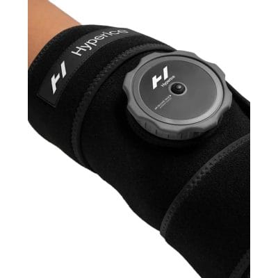 Hyperice Ice Compression Knee Wrap on white background with ice cell visible