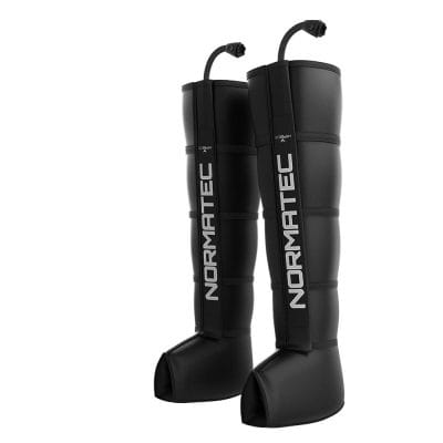 Full standing view of Normatec 3 Leg sleeves on white background showcasing full-length compression design without a user