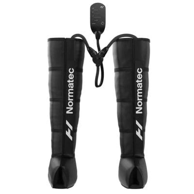 Normatec 3 Legs recovery system with control unit and leg attachments on white background for athletic muscle recovery