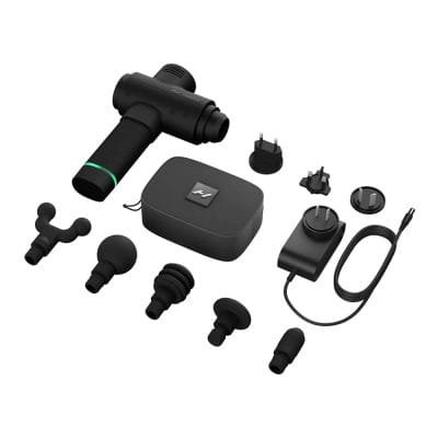 Hypervolt 2 massage gun with five interchangeable head attachments and charger.