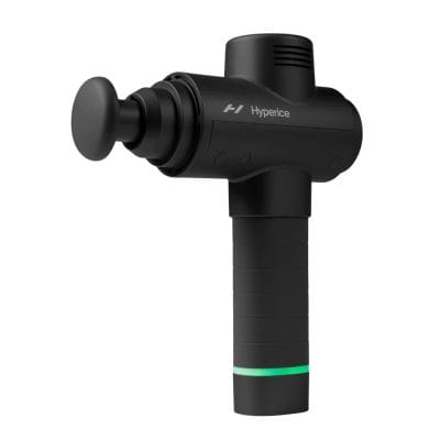 Angled view of the Hyperice Hypervolt massage gun showing its ergonomic handle and massage head design.