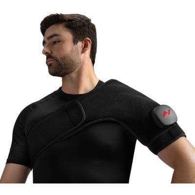 Adjustable neoprene straps and silicone surface of the Hyperice Venom 2 Shoulder wrap