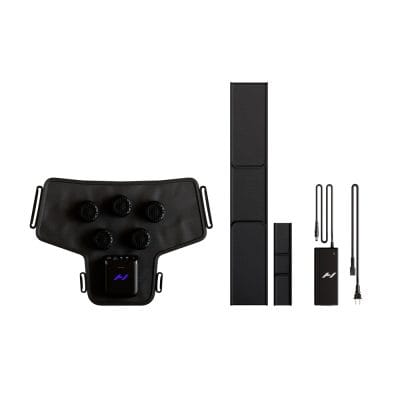 Hyperice X2 Shoulder package contents including the therapy wrap, straps, battery, charging cable, and user guide displayed on a white background.