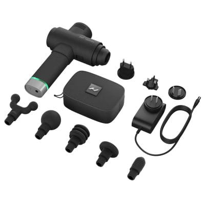 Hypervolt 2 Pro device with included attachments and charger.