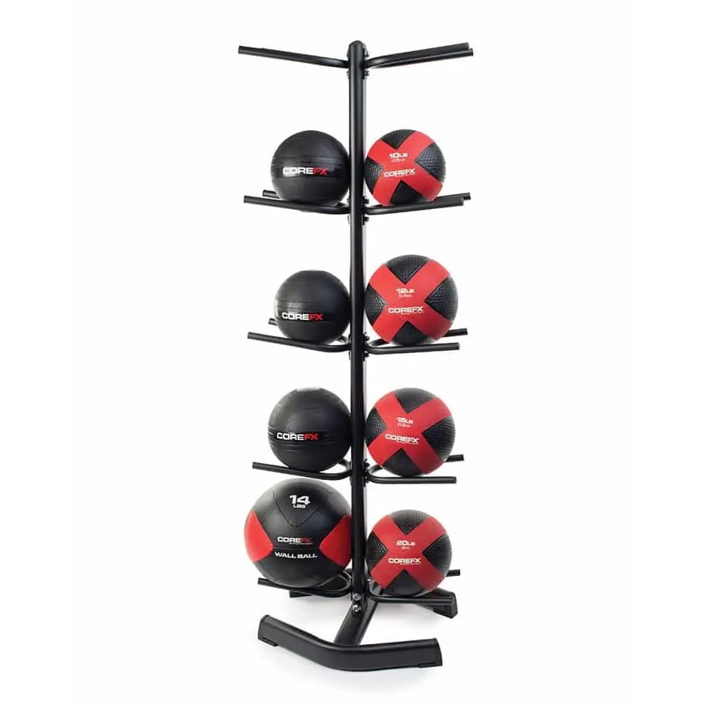 CoreFX double-sided medicine ball rack holding 10 medicine and slam balls