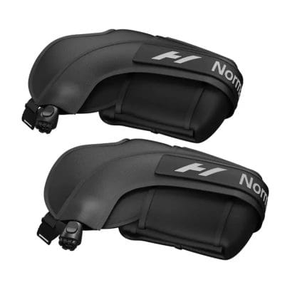 Close-up of Normatec arm attachment showing adjustable straps and compression zones