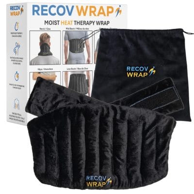 Recov Wrap moist heat therapy wrap shown with product box highlighting Canadian-made clay bead and flax seed design