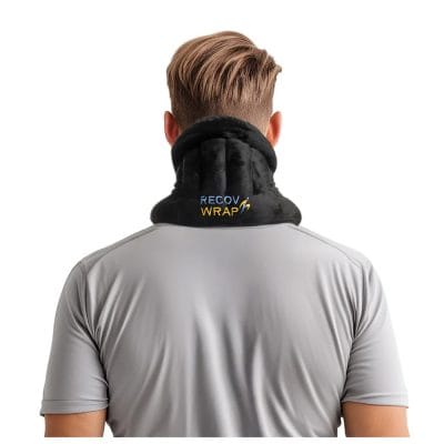 Recov Wrap therapy wrap folded to show soft outer material and flexible, contoured design around neck