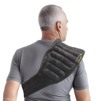 Recov Wrap moist heat therapy wrap draped over shoulders for neck and upper back pain relief