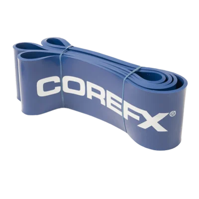 Close-up of CoreFX loop resistance band latex material Blue 85–230 lb: Maximum assistance or heavy banded lifts