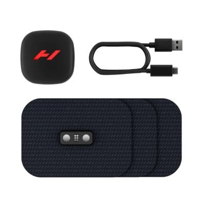 Hyperice Venom Go kit with pod, three adhesive pads, and USB-C charging cable