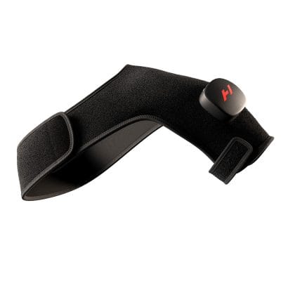 Left-sided Hyperice Venom 2 Shoulder wrap with heat and vibration pod displayed on white backdrop