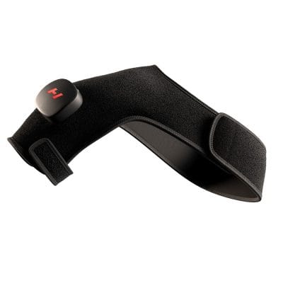 Right-sided Hyperice Venom 2 Shoulder wrap with pod and straps displayed on white backdrop