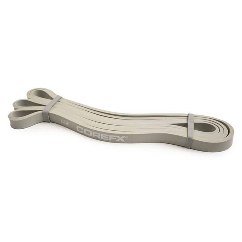 Close-up of CoreFX loop resistance band latex material Grey 15–35 lb: Light resistance for mobility, rehab, and assisted movements