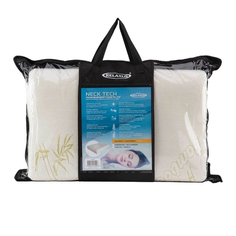 Relaxus Neck Tech Pillow shown inside its protective carrying case with bamboo cover packaging