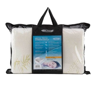 Relaxus Neck Tech Pillow shown inside its protective carrying case with bamboo cover packaging