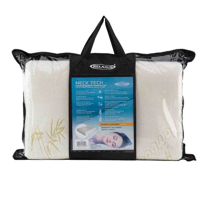 Relaxus Neck Tech Pillow shown inside its protective carrying case with bamboo cover packaging