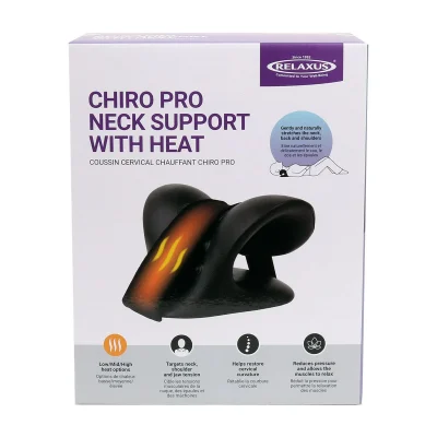 Relaxus Chiro Pro Heated Neck Support packaging box showing product name and features