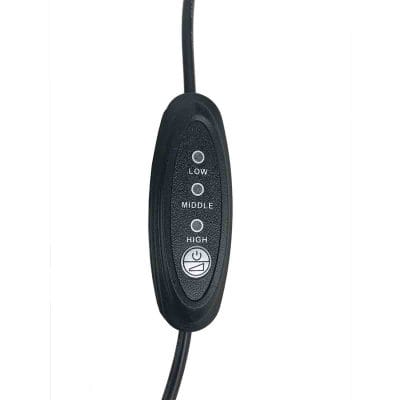 Close-up of Relaxus Chiro Pro heating controller showing low, medium, and high heat settings with auto shut-off and 51.2-inch power cord