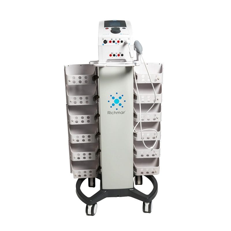 Front view of Richmar TheraTouch therapy cart with both storage drawers open