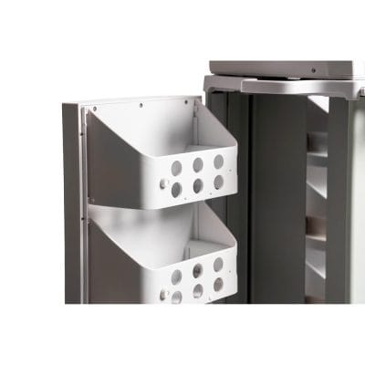 Close-up of storage shelves and drawers on Richmar TheraTouch therapy cart