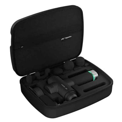 Hypervolt 2 Case open showing custom inlay with storage for massage gun, attachments, and charger