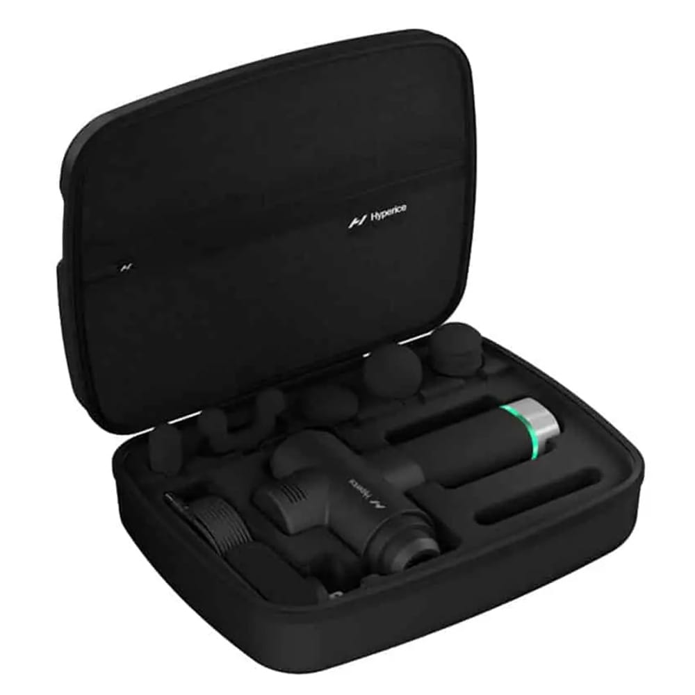 Hypervolt 2 Case open showing custom inlay with storage for massage gun, attachments, and charger