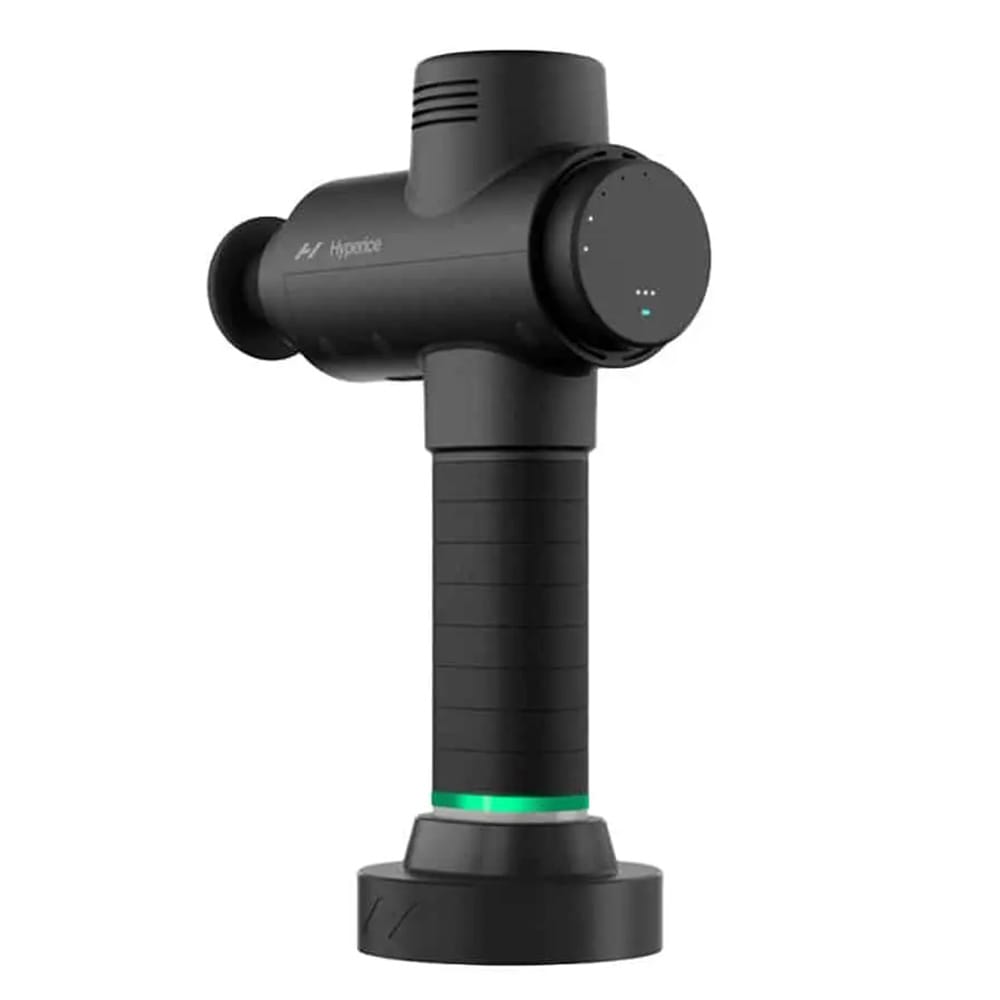 Hypervolt 2 Pro charging base with massage gun docked vertically – grab and go setup