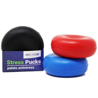 Relaxus Stress Puck packaging and colour assortment