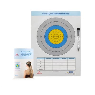 SenMoCOR cervical joint position error test handbook and wall-mounted target used for neck proprioception assessment.