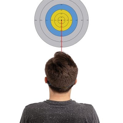 Patient returning head to neutral position while pointing laser at target during cervical proprioception testing.