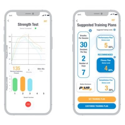 POWERbreathe Smart Adaptor with ActiBreathe app showing guided inspiratory training