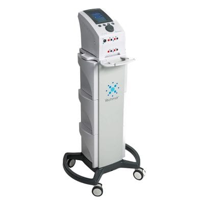 Richmar TheraTouch EX4 electrostimulation system mounted on optional therapy cart, angled view