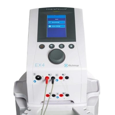 Close-up front view of Richmar TheraTouch EX4 electrostimulation system mounted on optional therapy cart
