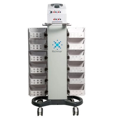 heraTouch EX4 therapy cart with storage doors open showing organized accessories