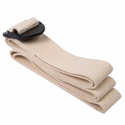 Yoga stretching strap folded with adjustable buckle on white background