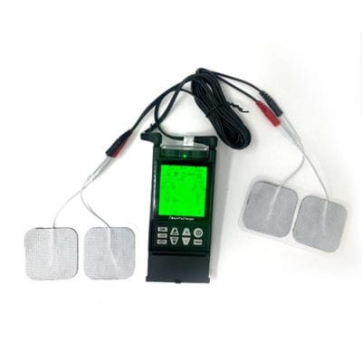StimTec Target TENS EMS unit with electrode pads and lead wires connected
