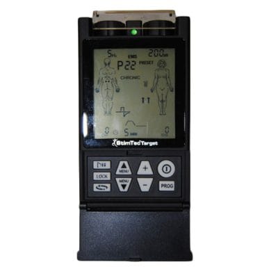 StimTec Target TENS EMS combination unit front view with display powered off on white background