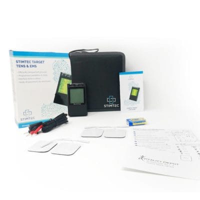 StimTec Target TENS EMS complete kit with electrodes, leads, packaging box and unit