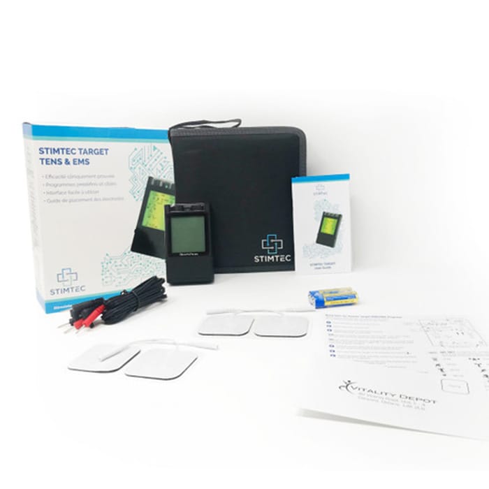 StimTec Target TENS EMS complete kit with electrodes, leads, packaging box and unit