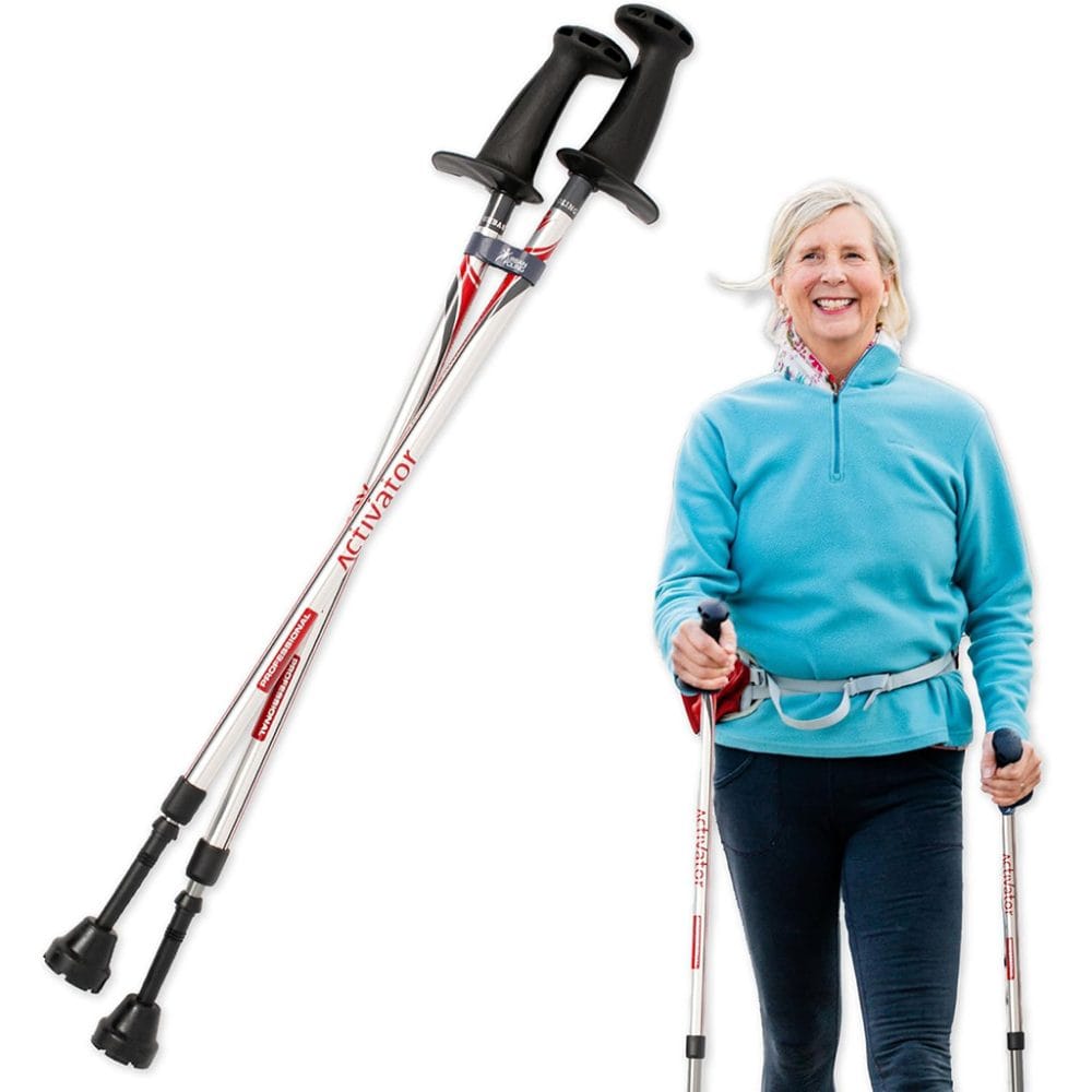 ACTIVATOR original walking poles silver grey red pair standing upright ergonomic grip