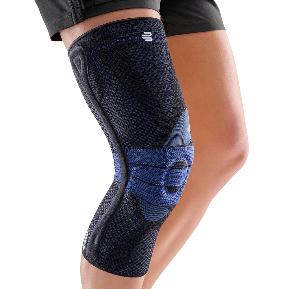 Bauerfeind GenuTrain P3 knee brace with grip top in black and blue for anterior knee pain support