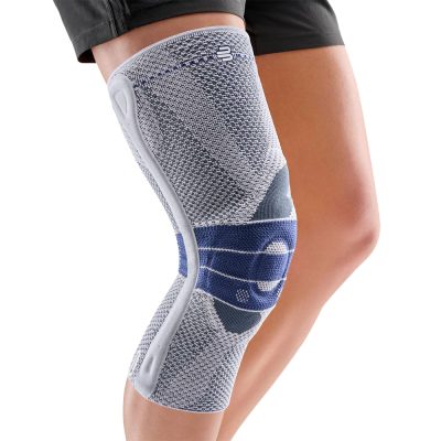 Bauerfeind GenuTrain P3 knee brace with grip top in titan and blue for kneecap stability