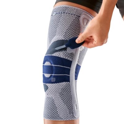 Bauerfeind GenuTrain P3 knee brace with grip top in titan and blue for kneecap stability front view