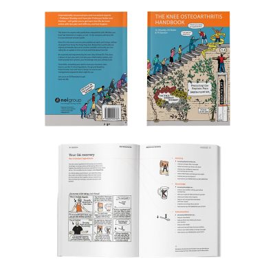 Knee Osteoarthritis Handbook open to exercise and knee pain education content