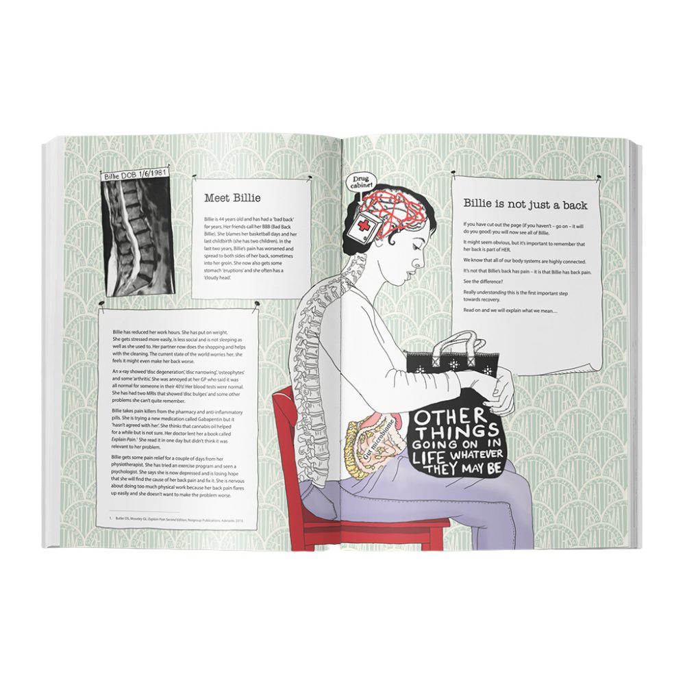 Resolve Back Pain Handbook open to illustrated pain education pages