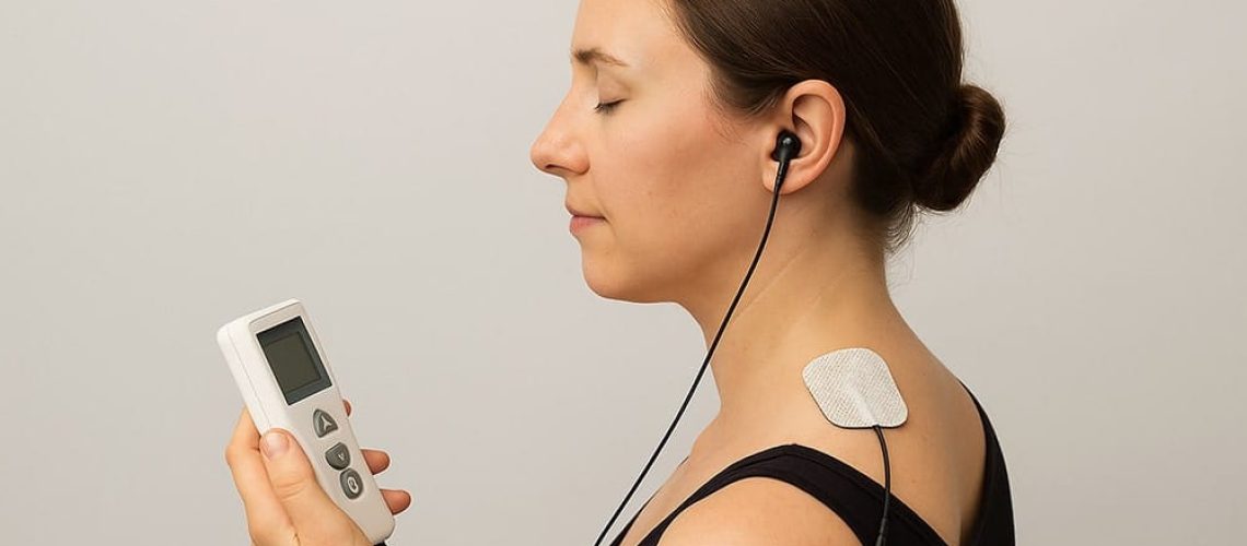 Illustration of vagus nerve stimulation with ear-clip electrodes